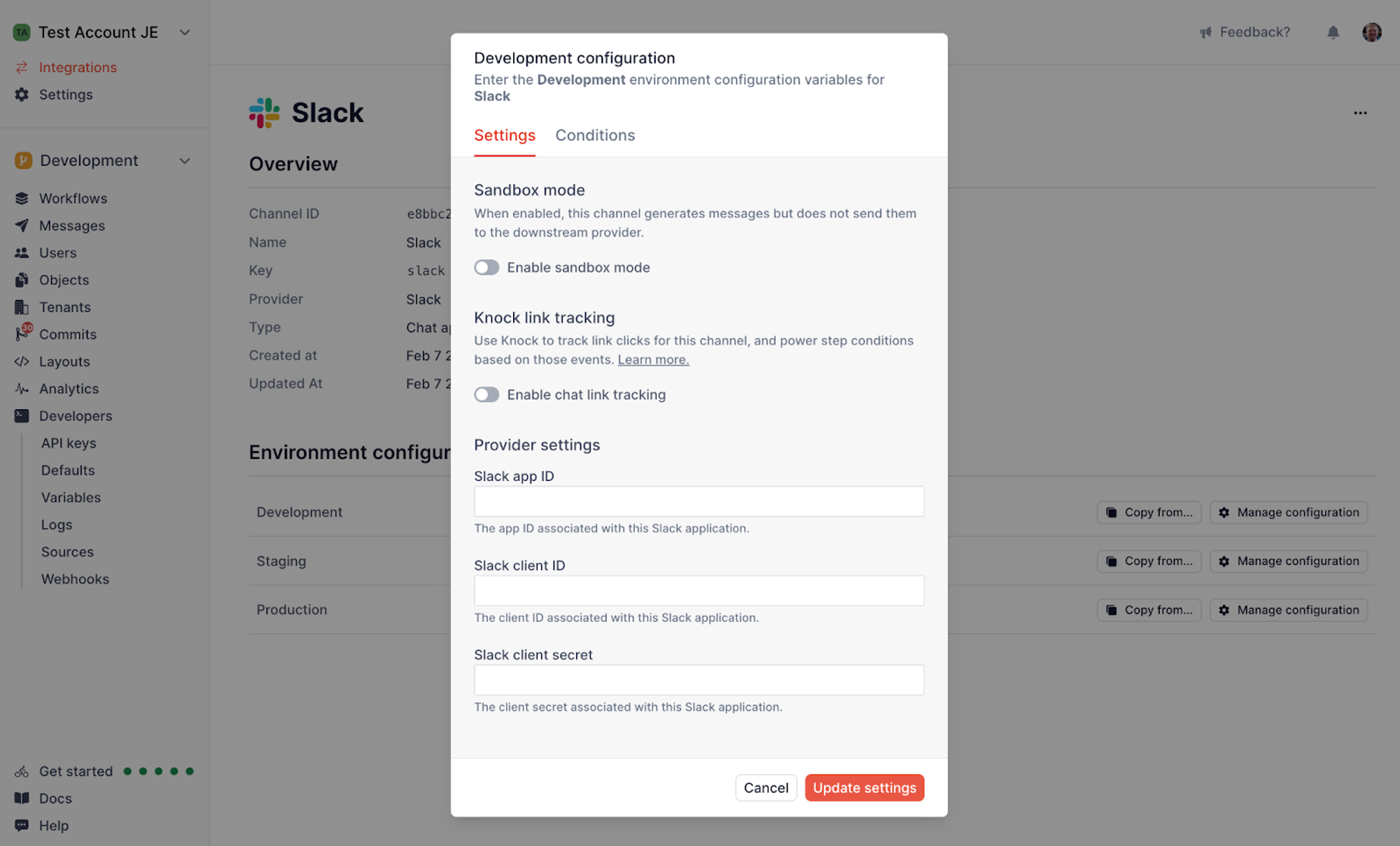 configuring a Slack channel Knock dashboard