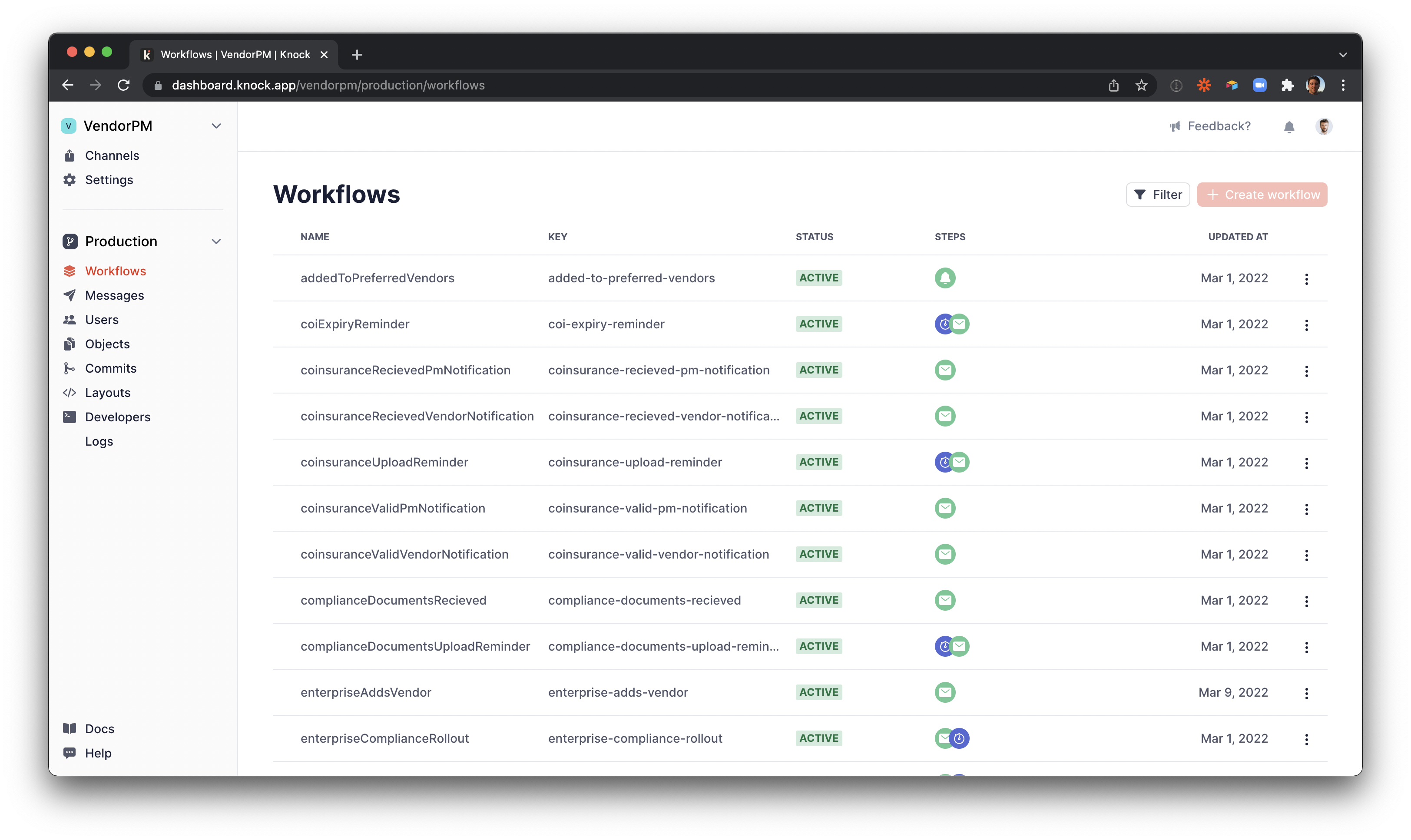 The notification workflows the VendorPM team manages in Knock.