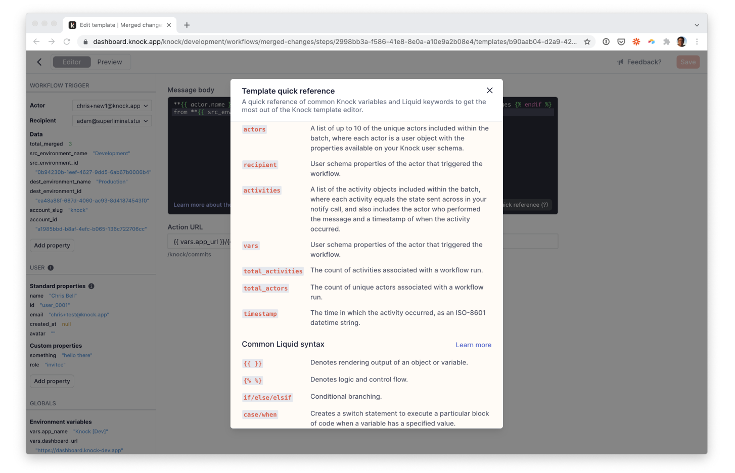 Screenshot of a template editor quick reference